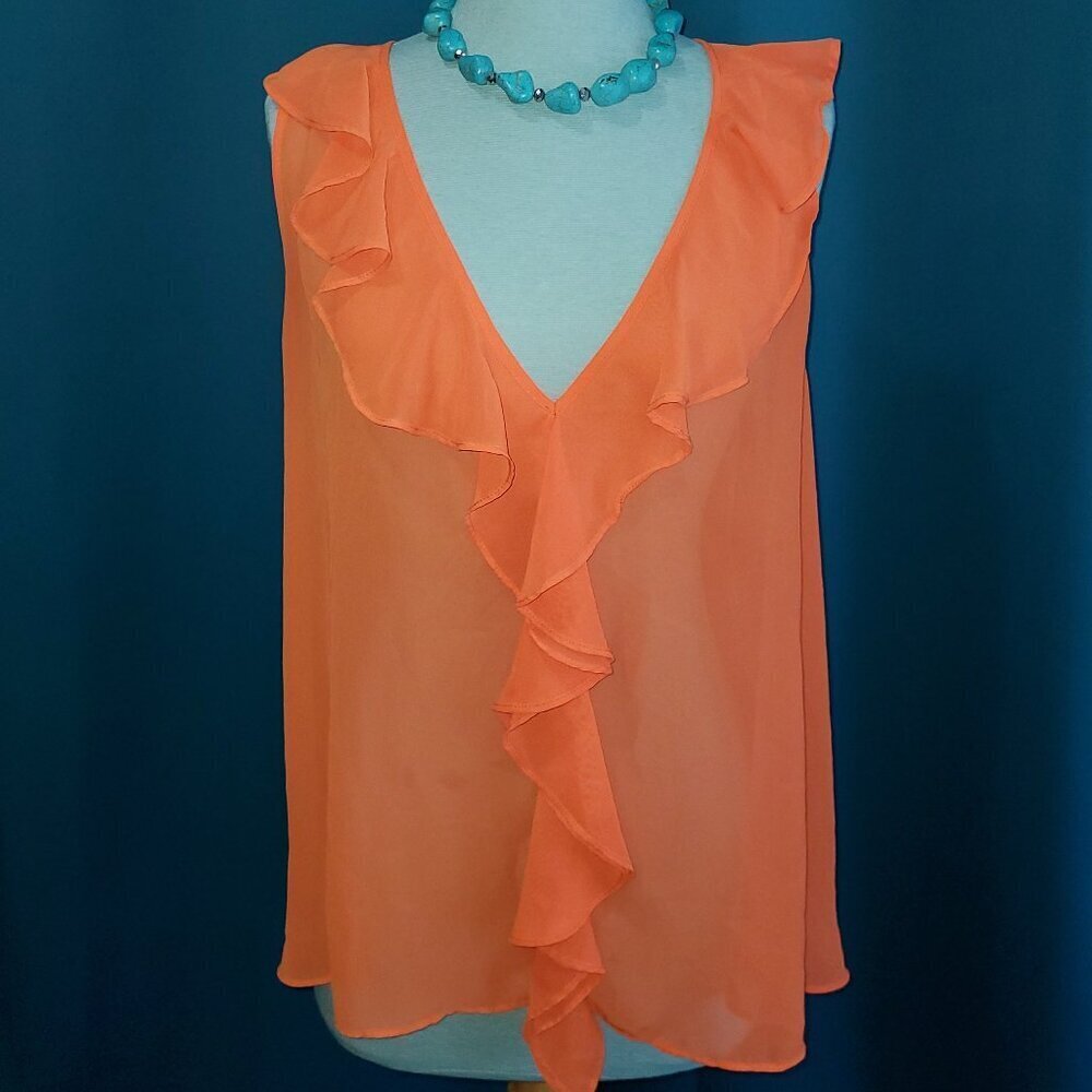 Sleeveless Ruffled V-Neck Sheer Blouse Coral Orange – M - Picture 2 of 7